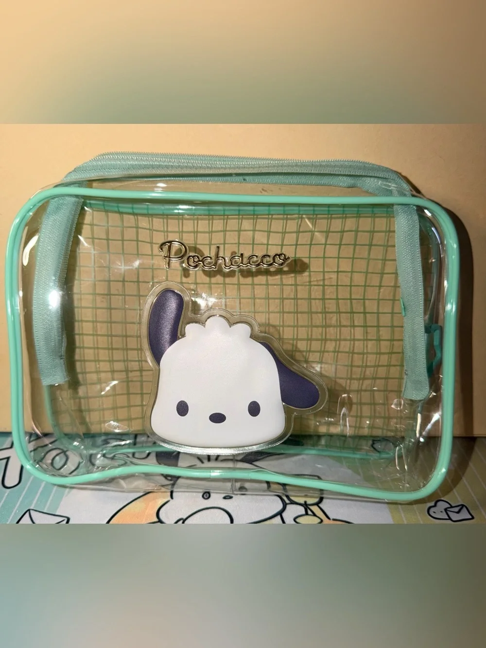 💚NWOT Pochacco Clear Cosmetic/Utencils Bag with Mint lining